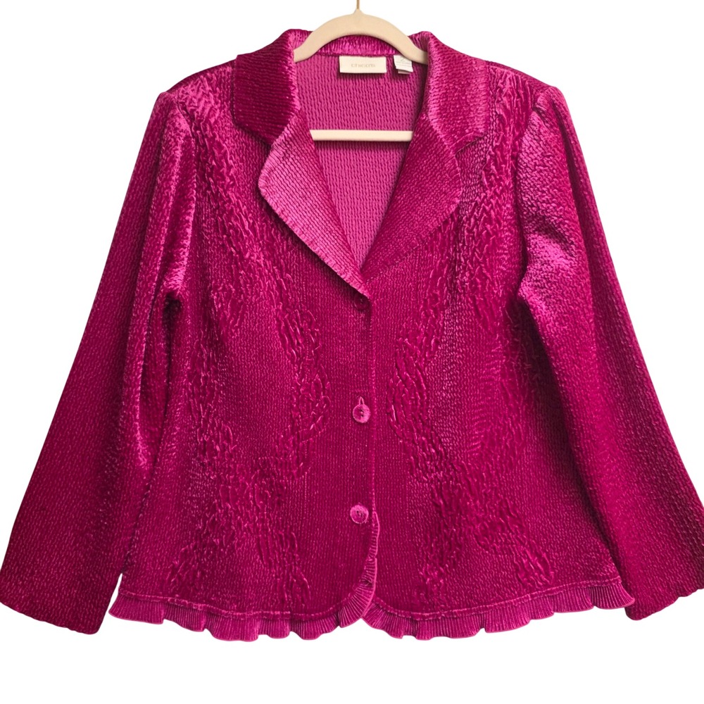 CHICO'S Large Fuschia Pink Cardigan Jacket Velvet Crinkle Ruffle Boho Feminine